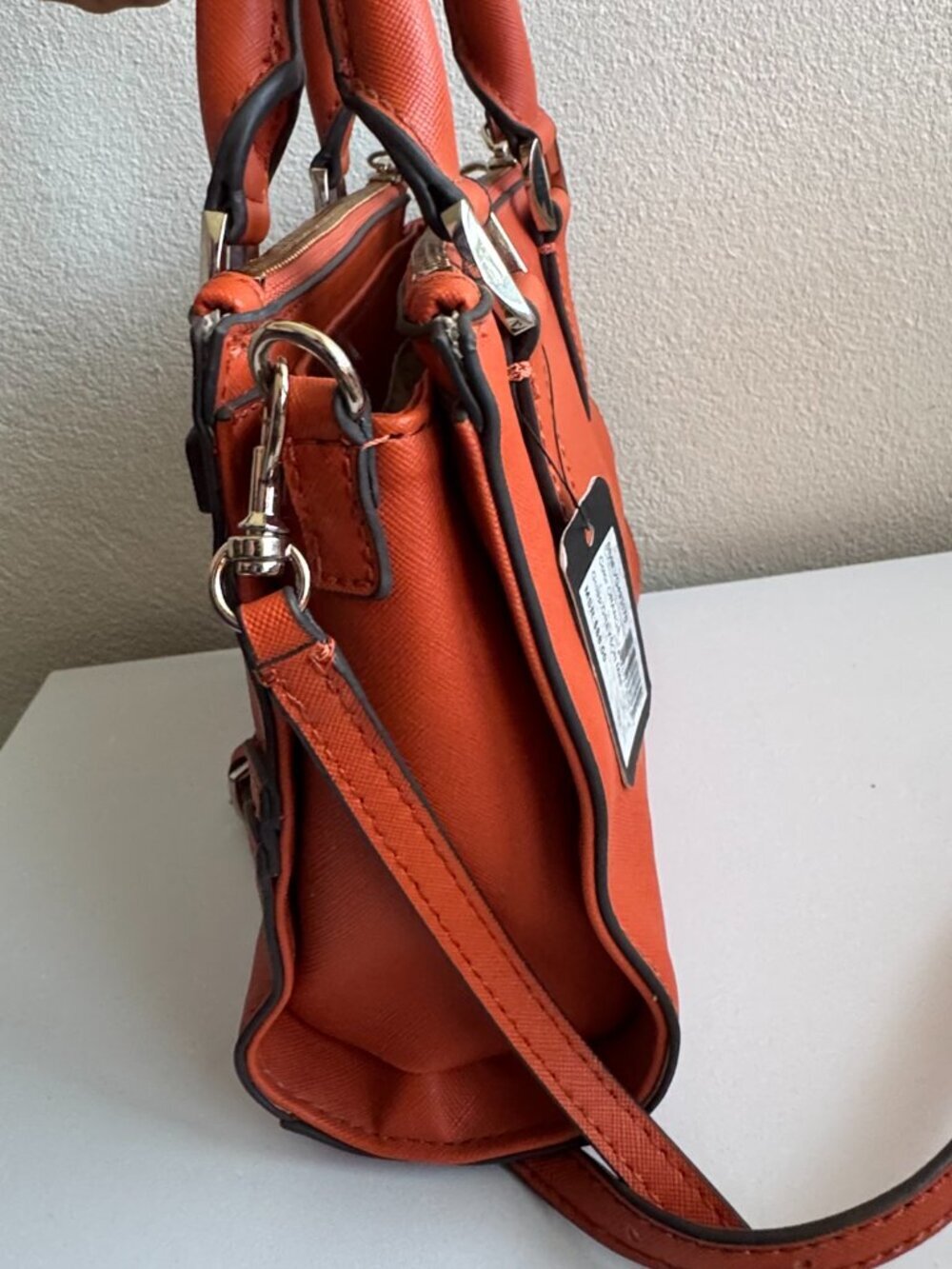 NWT Guess Greyson Mini Satchel Orange Crossbody Bag Gold Hardware Structured - Picture 12 of 14